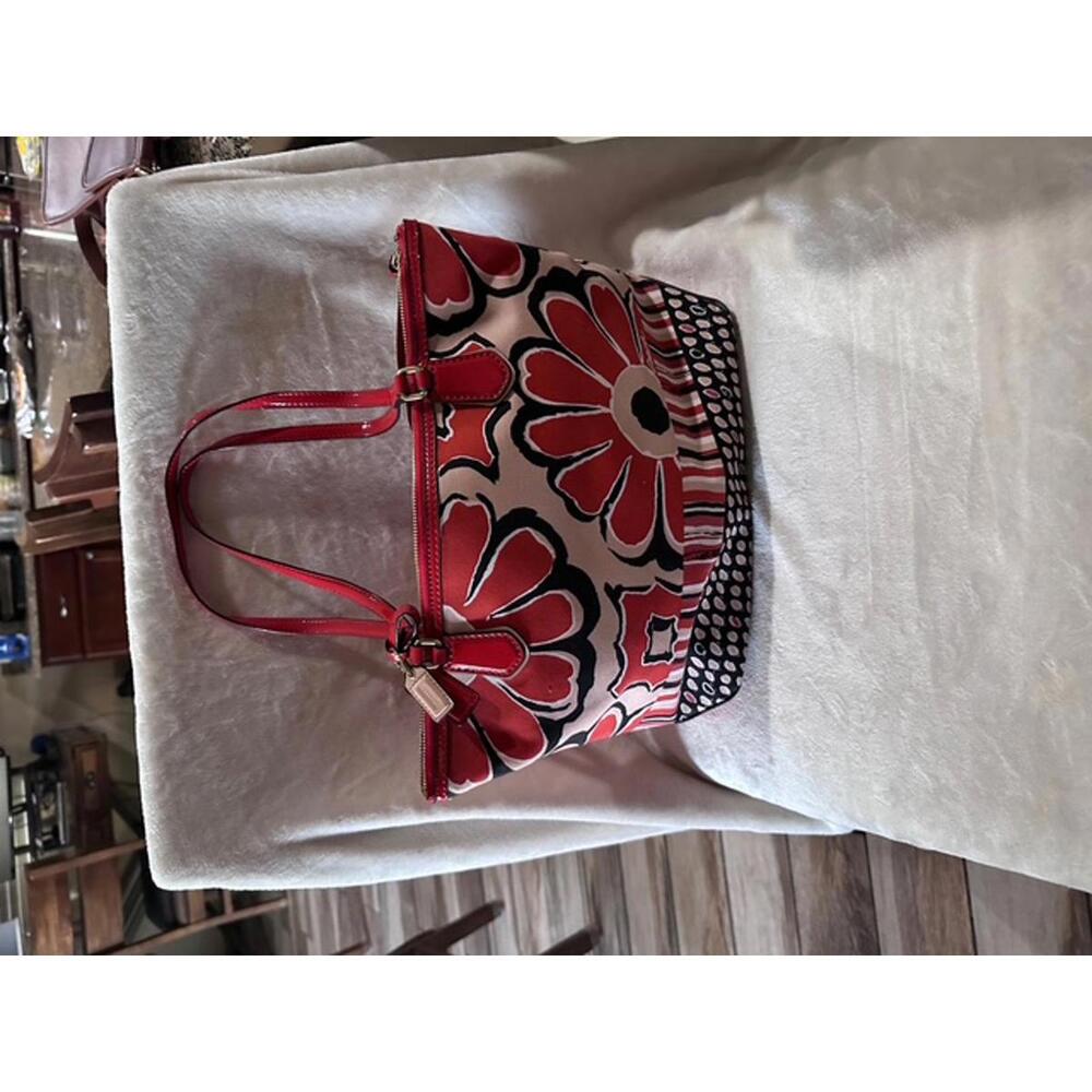 Coach Floral Print Tote Handbag with Red Leather Accents